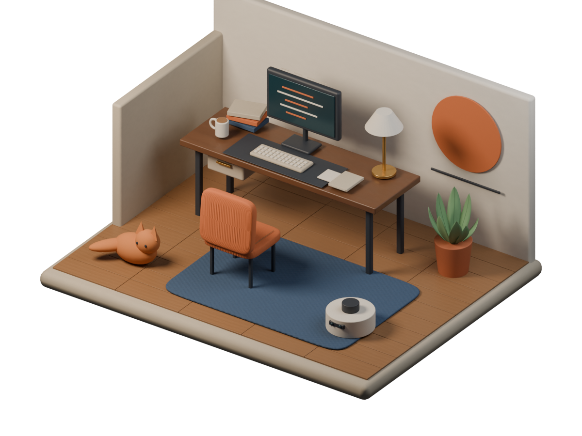 A miniature warm-toned studio with a desk, computer, orange chair, plant, cat and small robot.